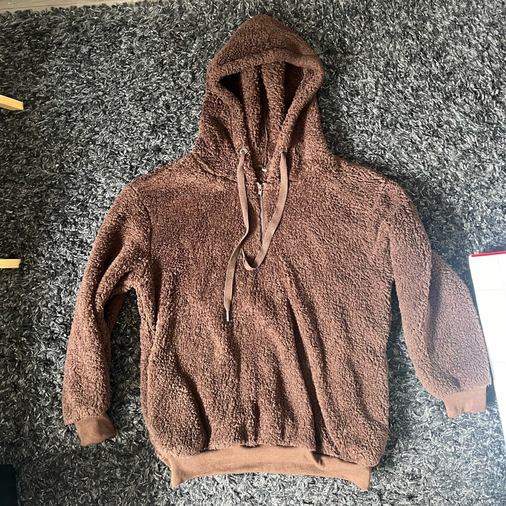 Brown Teddy Sherpa Quarter Zip Hoodie